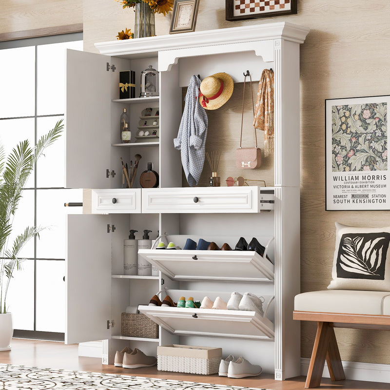 Hall Tree With Integrated Shoe Cabinet And Mirrored Cabinet Door, Coat Hanger, Entryway Bench, 4 In 1 Design, 2 Flip Drawers, 4 Hooks And 2 Cabinets For Entrance, Living Room - White