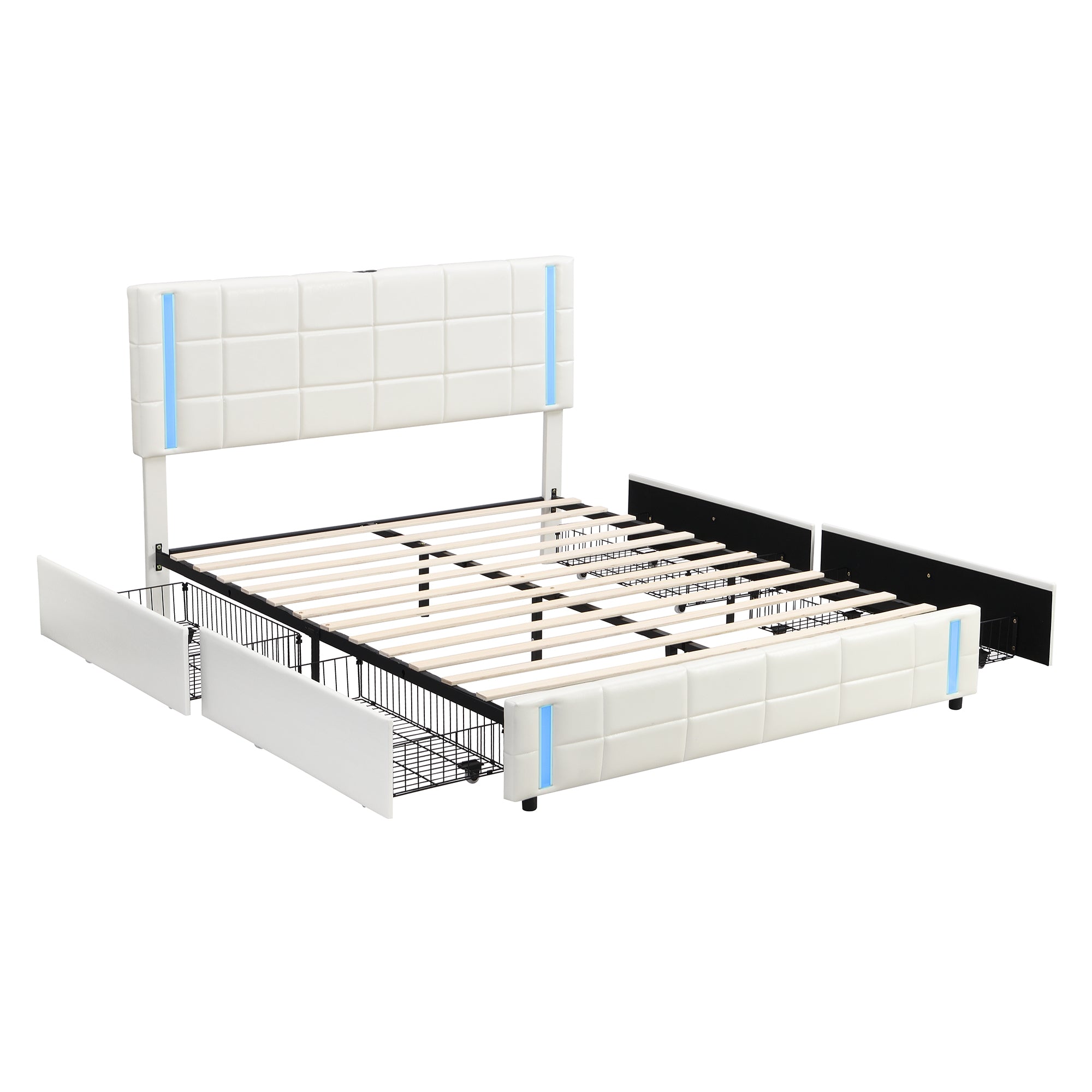 Queen Size Upholstered Platform Bed with LED Lights and USB Charging, Storage Bed with 4 Drawers, White - Atlantic Fine Furniture Melbourne FL