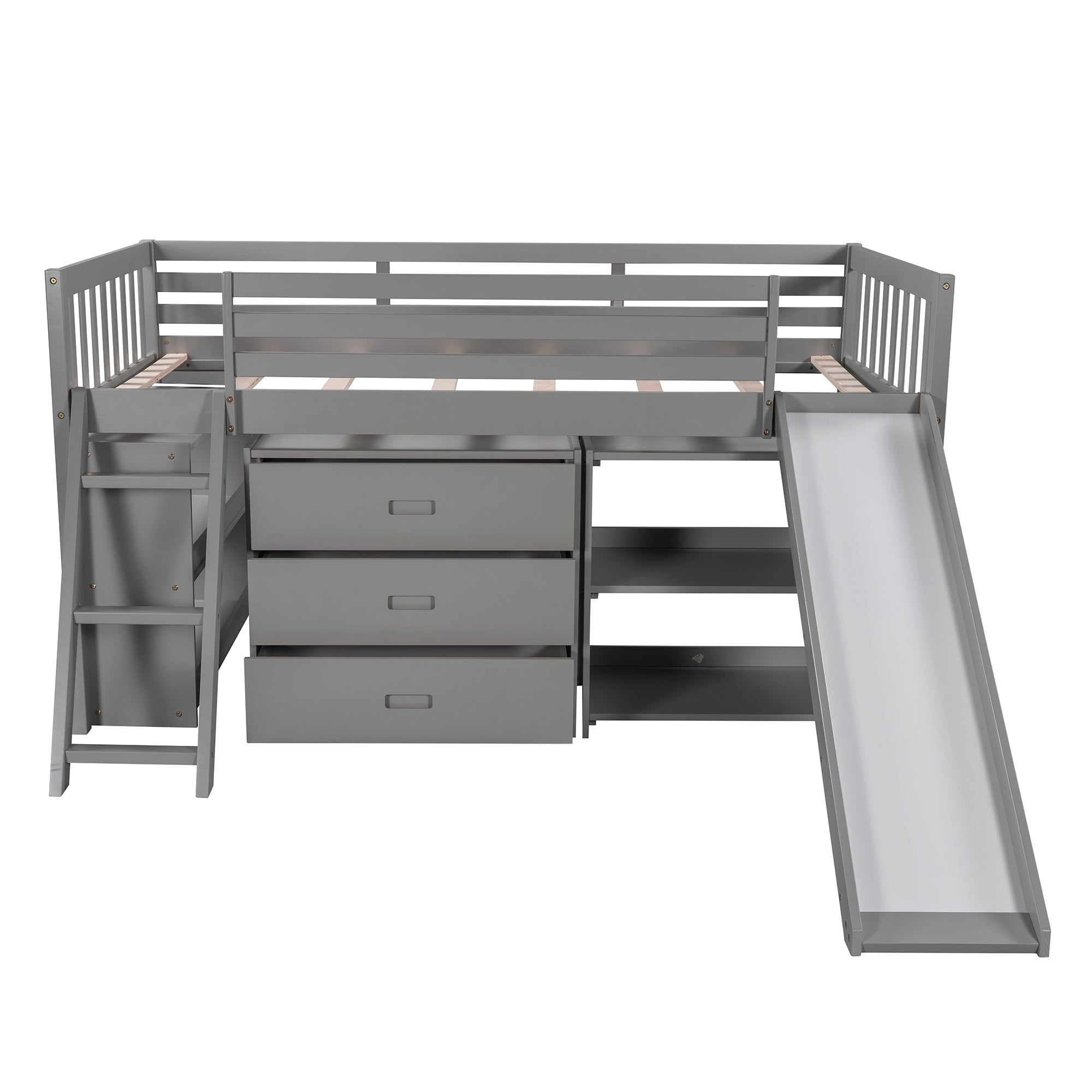 Low Loft Bed with Attached Bookcases and Separate 3-tier Drawers,Convertible Ladder and Slide,Twin,Gray - Atlantic Fine Furniture Melbourne FL