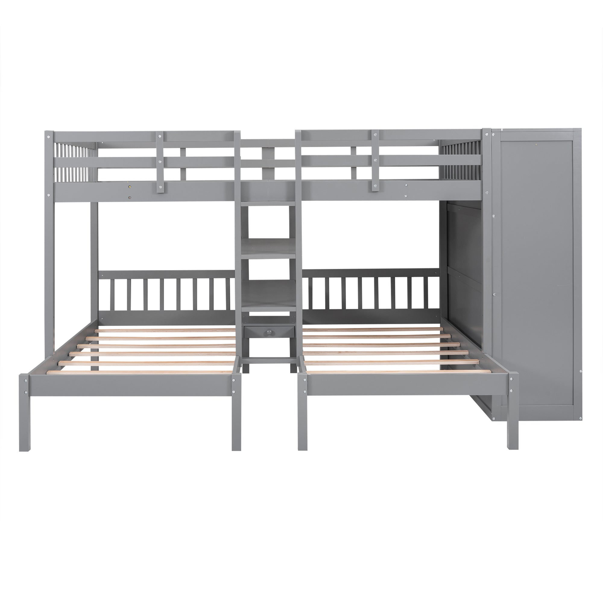 Full-Over-Twin-Twin Bunk Bed with Shelves, Wardrobe and Mirror, Gray - Atlantic Fine Furniture Melbourne FL