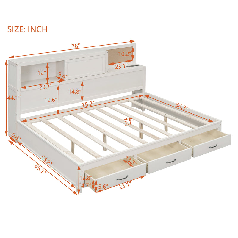 Full Size Wooden Daybed with 3 Storage Drawers, Upper Soft Board, shelf, and a set of Sockets and USB Ports, White