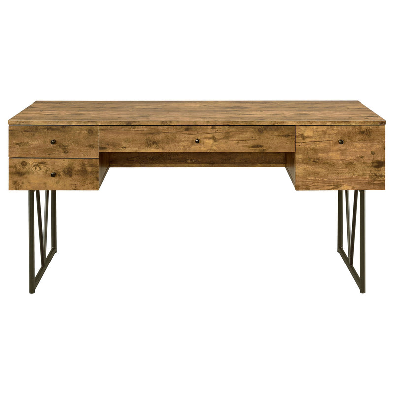 Rustic Industrial Charm Writing Desk With 4 Drawers And Open Shelf