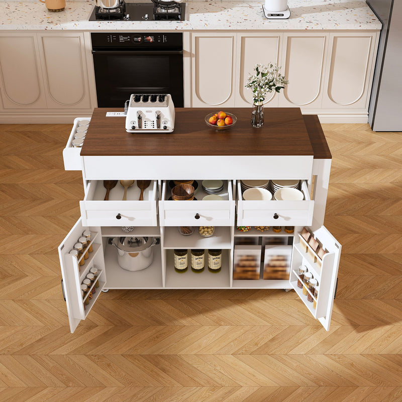 Modern Kitchen Island With Extendable Dining Table & Power Outlet - White