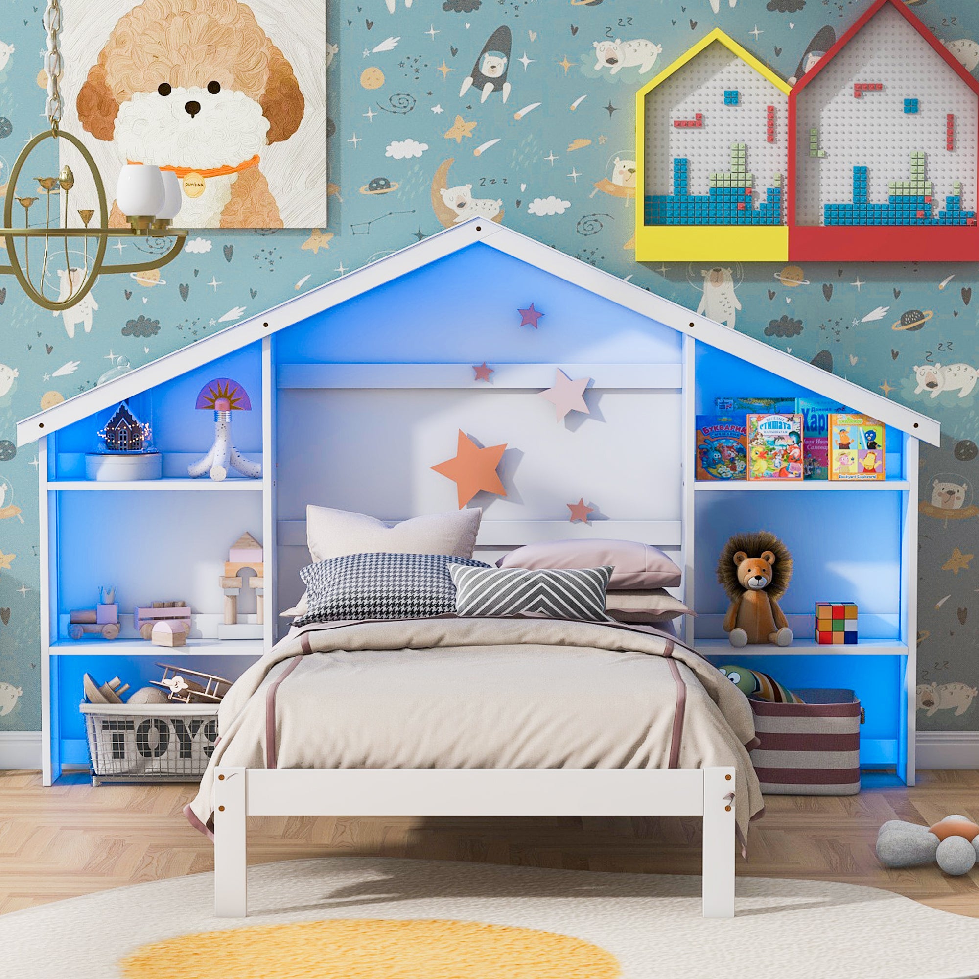 Wood Twin Size Platform Bed with House-shaped Storage Headboard and Built-in LED, White - Atlantic Fine Furniture Melbourne FL
