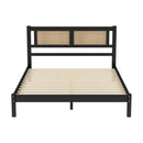 Queen Size Wooden Platform Bed with Natural Rattan Headboard, Exquisite Elegance with Minimalist Charm for Bedroom, Black