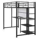 Metal Loft Bed With Desk, 3 Shelves And Ladder