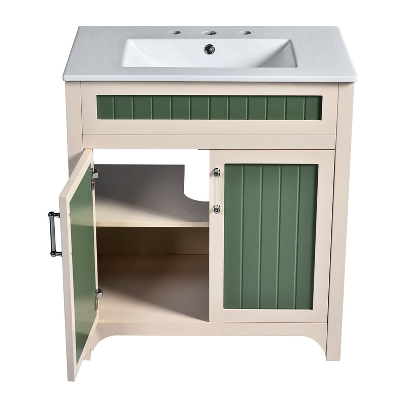 Bathroom Vanity Cabinet With Ceramic Sink Combo Set, Frame Modern Bathroom Storage Cabinet With Height Adjustable Shelf - Beige / Green
