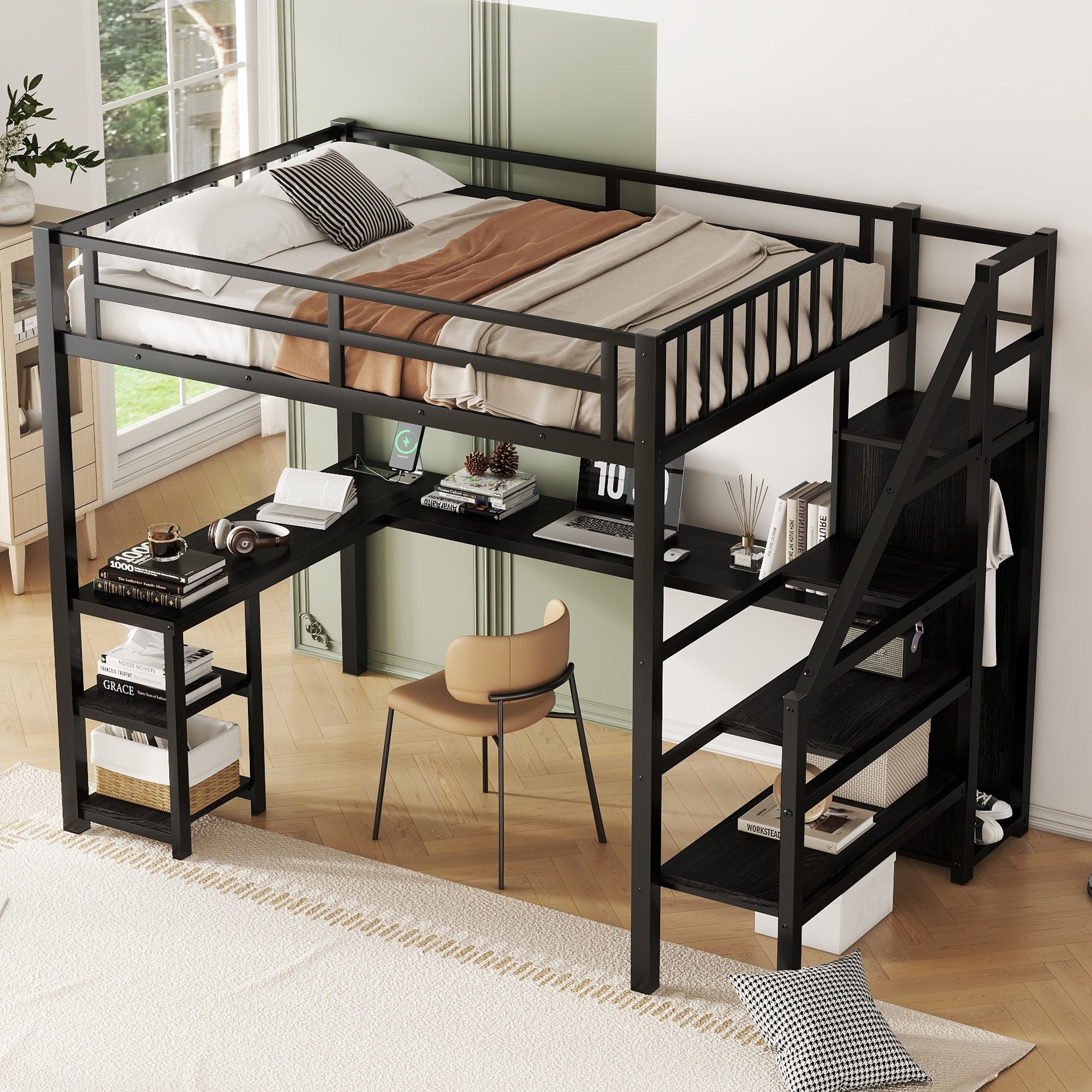 Metal Full Loft Bed with Wardrobe and LED Light, Full Size Loft Bed with L Shaped Desk and USB for Kids Teens Adults, Black (Expect arrival date 2024/5/19)
