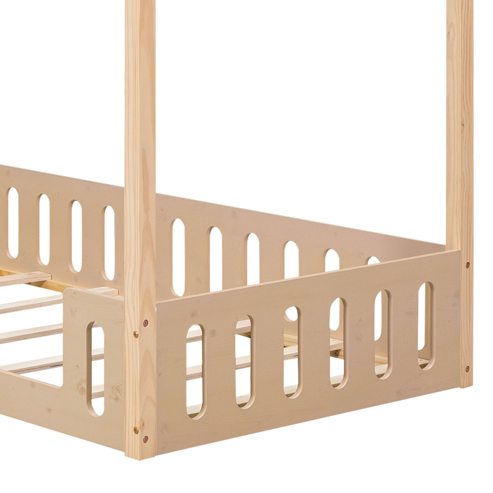 Twin Size Wood House Bed with Fence and Detachable Storage Shelves, Natural - Atlantic Fine Furniture Melbourne FL