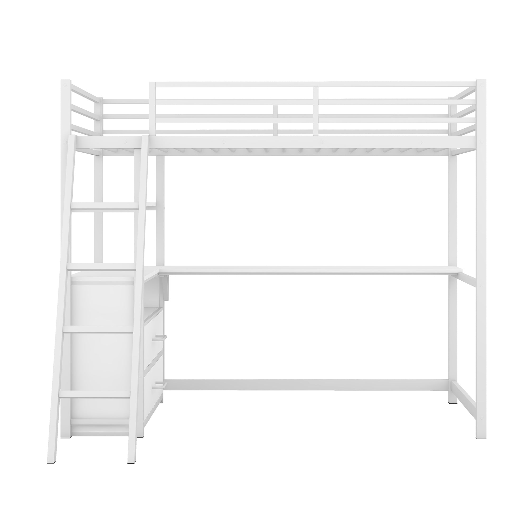 Twin Size Metal&Wood Loft Bed with Desk and Shelves, Two Built-in Drawers, White - Atlantic Fine Furniture Melbourne FL