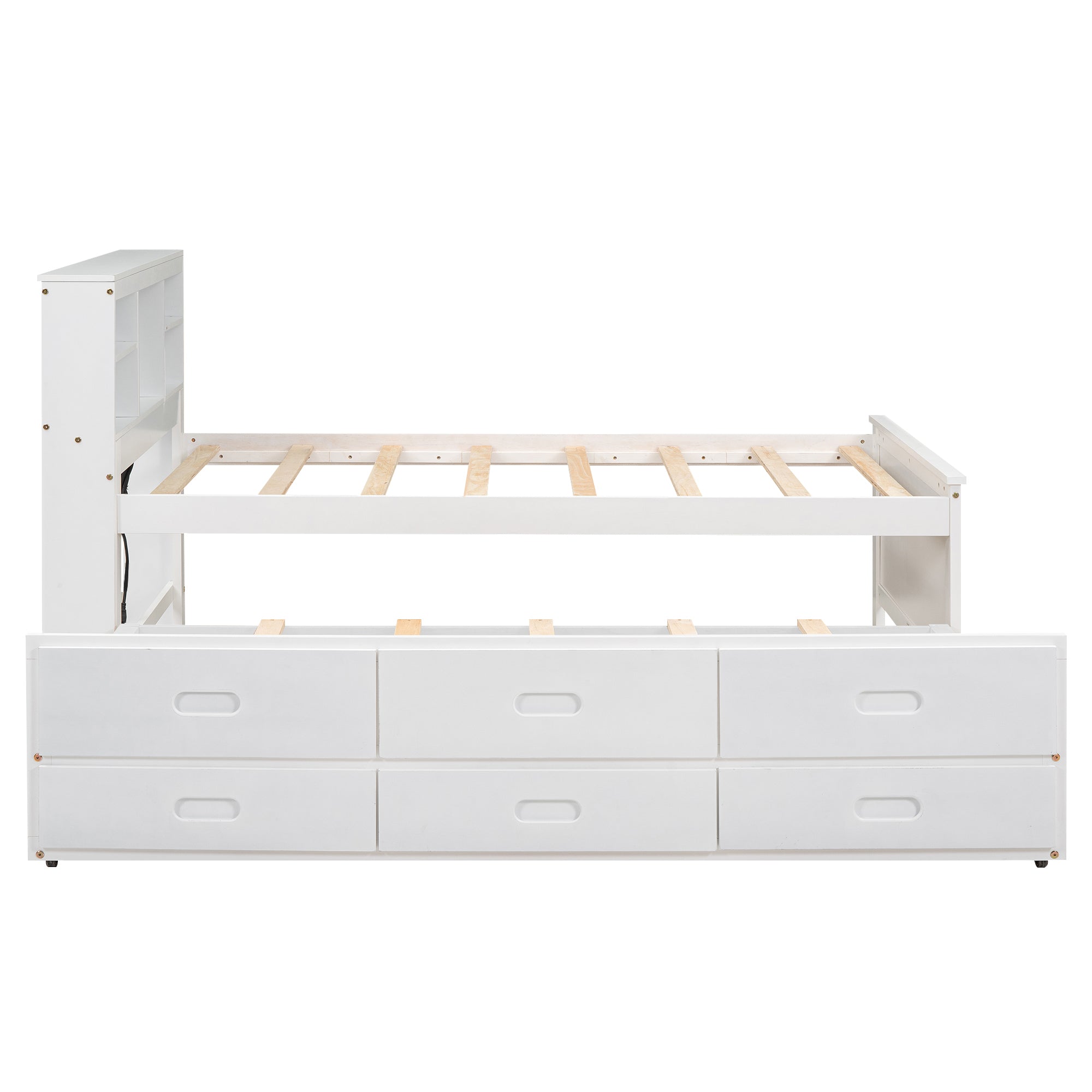 Twin Size Platform Bed with Storage Headboard, USB, Twin Size Trundle and 3 Drawers, White - Atlantic Fine Furniture Melbourne FL