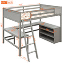 Full size Loft Bed with Shelves and Desk, Wooden Loft Bed with Desk - Gray