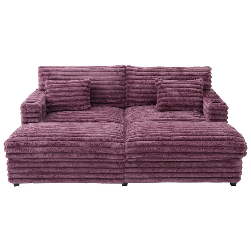 Plush Oversized Double Chaise Lounge Sofa Bed With USB Ports And Cup Holders