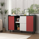 Modern Sideboard Buffet Cabinet With Red Doors And Unique Panel Styling