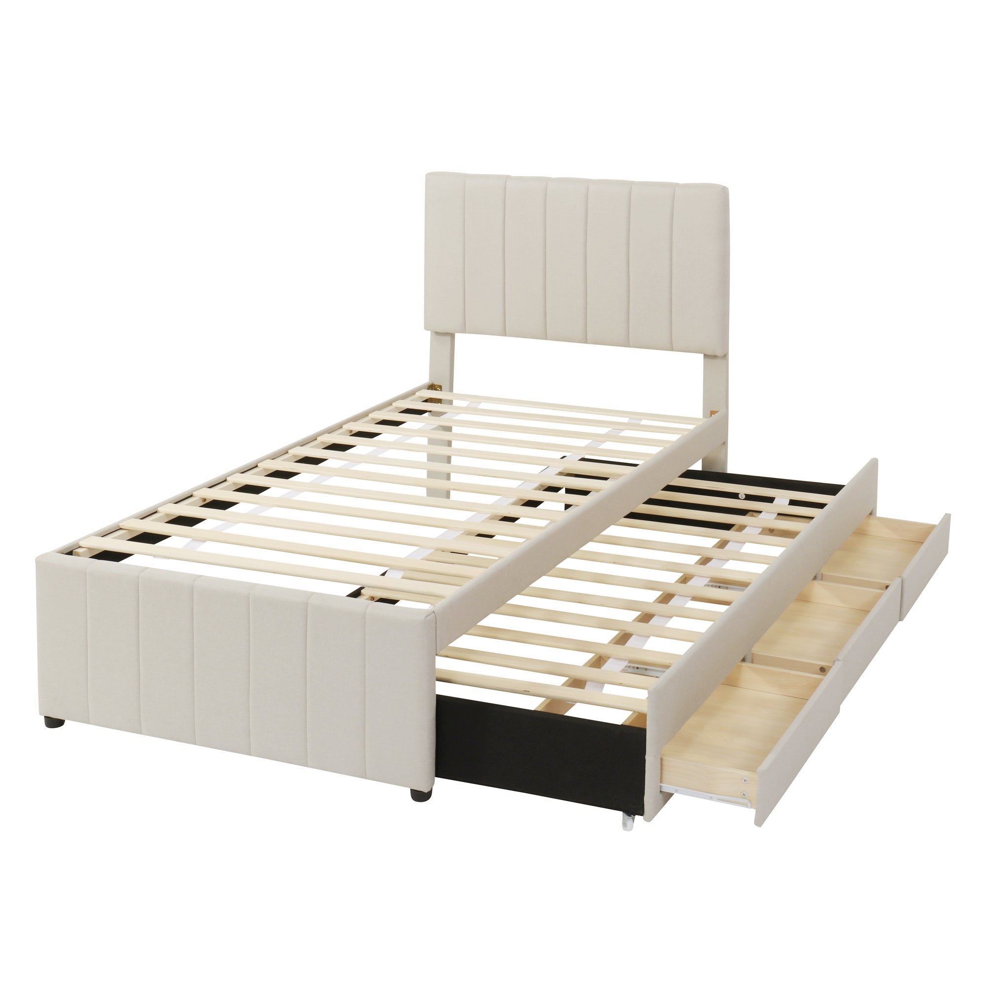 Twin Size Upholstered Platform Bed with Trundle and 3 Drawers, Linen Fabric, Beige - Atlantic Fine Furniture Melbourne FL