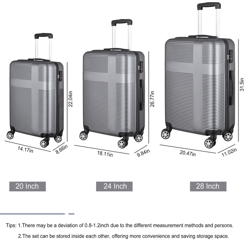 3 Piece Luggage With Tsa Lock Abs, Durable Luggage Set, Lightweight Suitcase With Hooks, Spinner Wheels Cross Stripe Luggage Sets