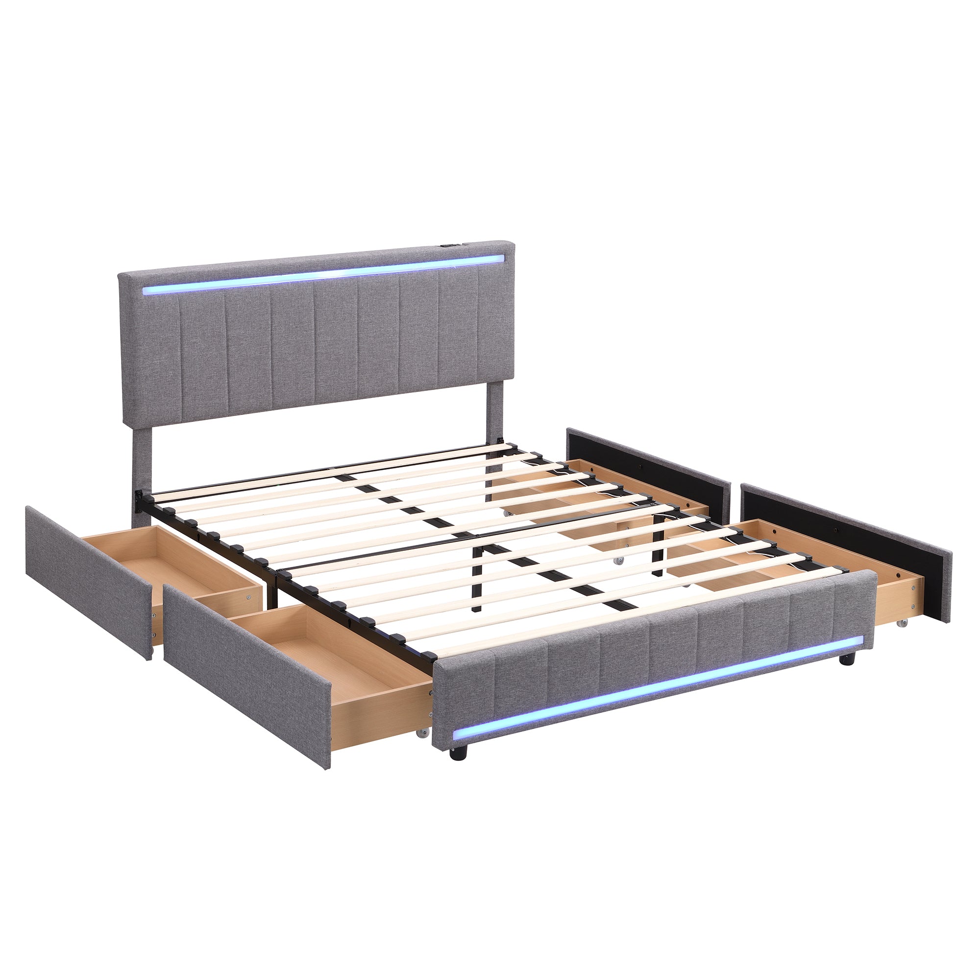 Queen Size Upholstered Bed with LED Light and 4 Drawers,  Modern Platform Bed with a set of Sockets and USB Ports, Linen Fabric, Beige - Atlantic Fine Furniture Melbourne FL