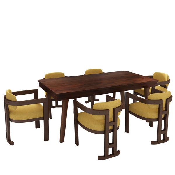 7 Piece Elegant Dining Set With Upholstered Wood Dining Chairs - Yellow / Walnut / Rich Mahogany