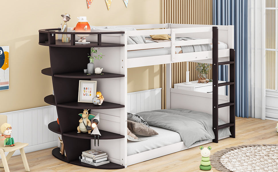 Twin over Twin Boat-Like Shape Bunk Bed with Storage Shelves, Cream+Espresso - Atlantic Fine Furniture Melbourne FL