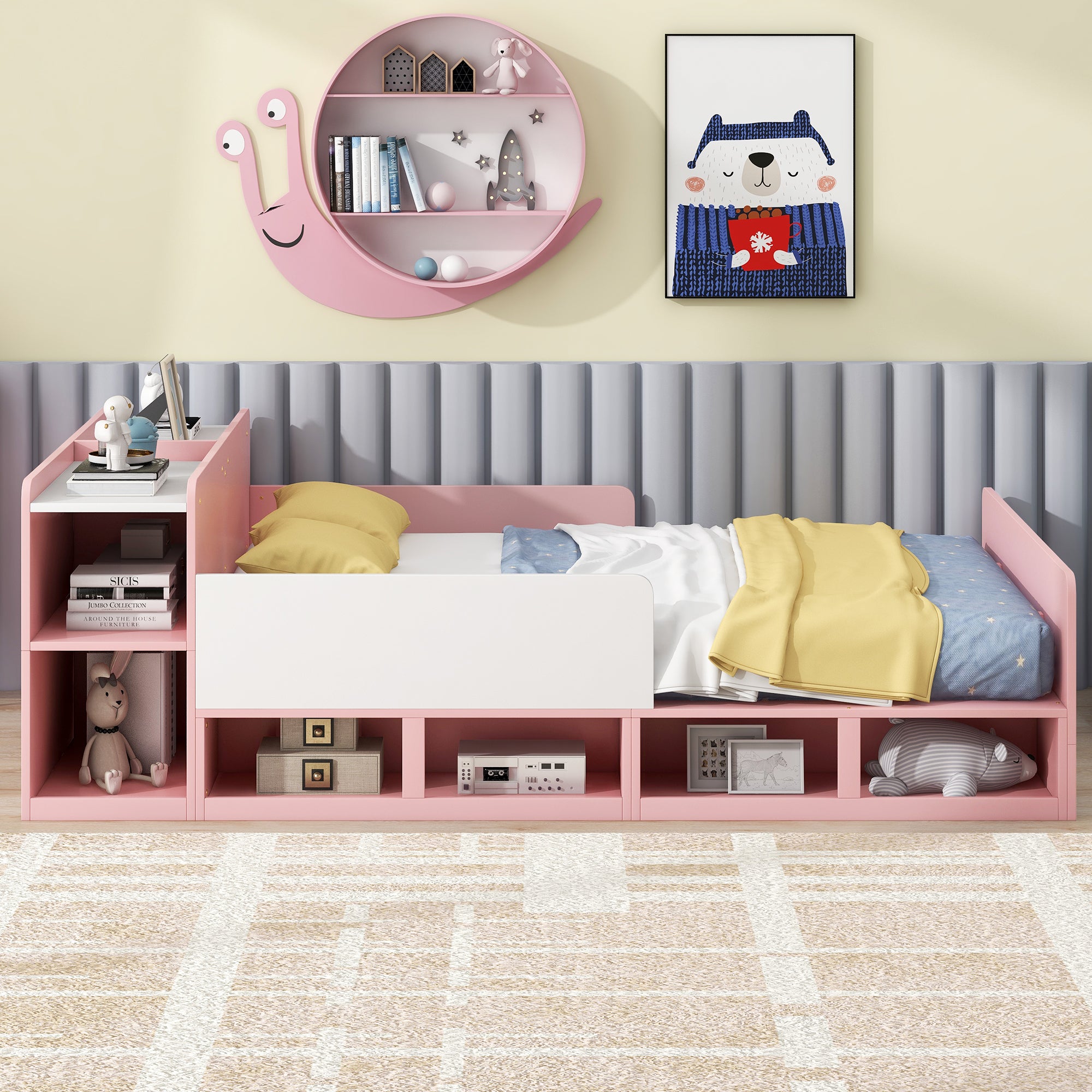 Wood Full Size Platform Bed with Storage Headboard, Guardrails and 4 Underneath Cabinets, Pink - Atlantic Fine Furniture Melbourne FL