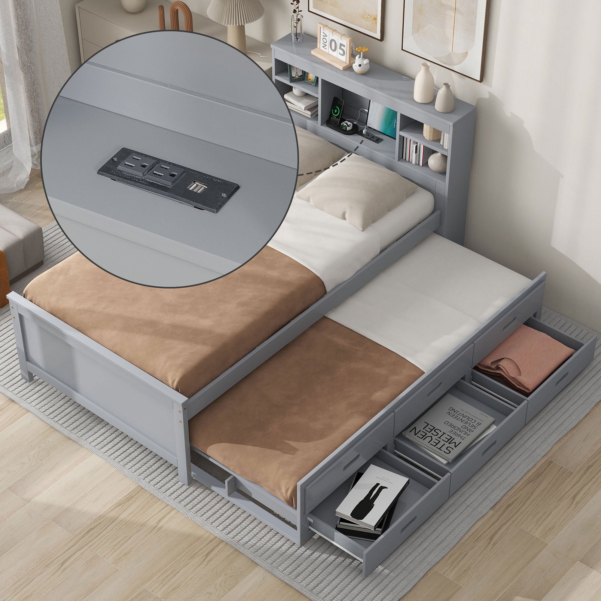 Twin Size Platform Bed with Storage Headboard, USB, Twin Size Trundle and 3 Drawers, Gray - Atlantic Fine Furniture Melbourne FL