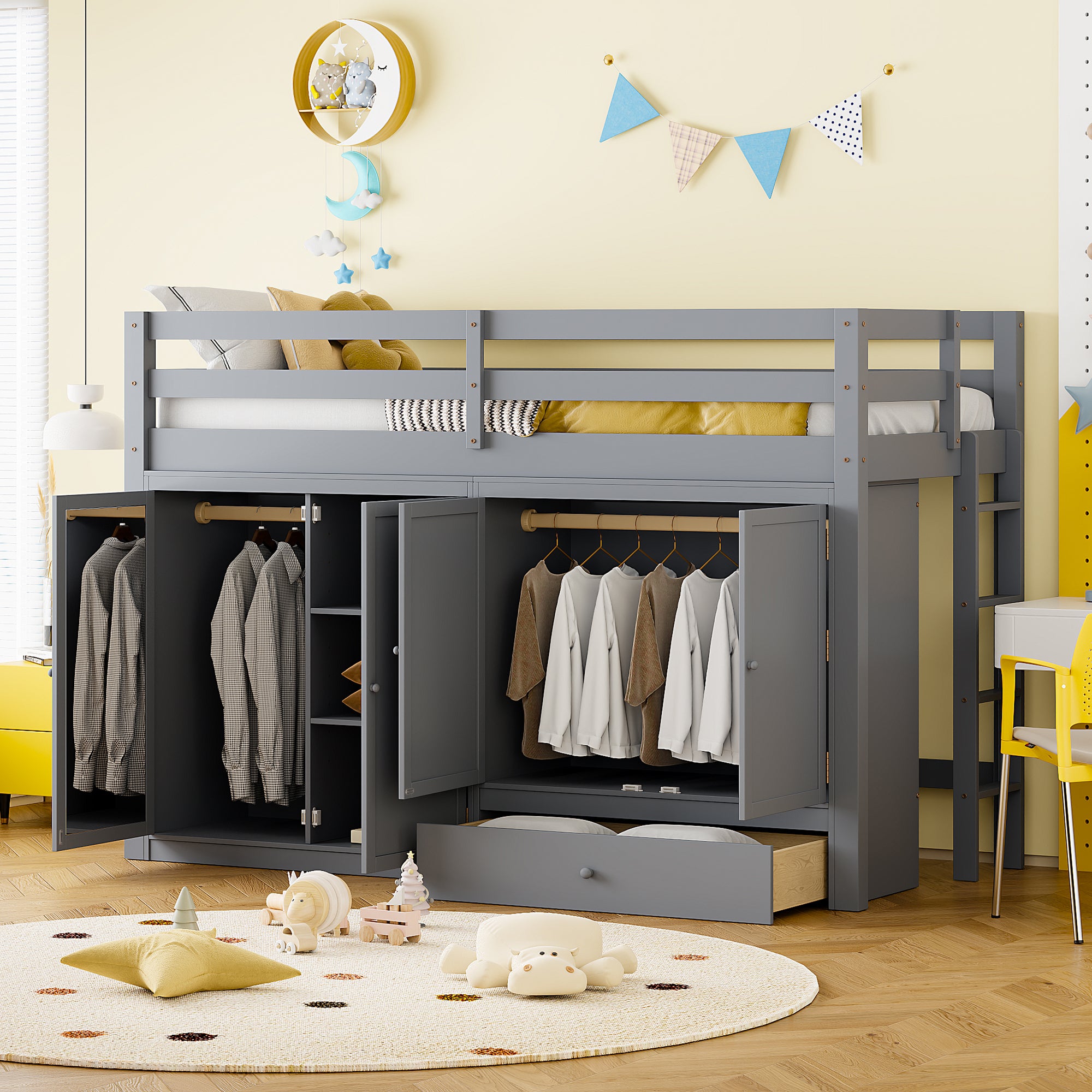Twin size Loft Bed with Drawer, Two Wardrobes and Mirror, Gray - Atlantic Fine Furniture Melbourne FL