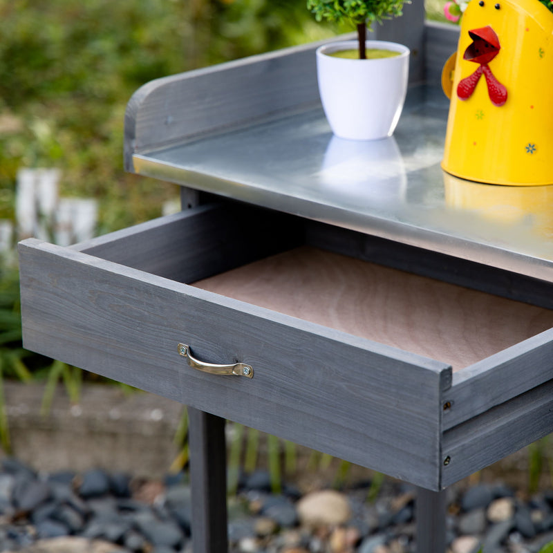 Outsunny - Outdoor Potting Bench Table, Garden Work Station With Storage Cabinet, Open Shelf And Steel Tabletop - Gray