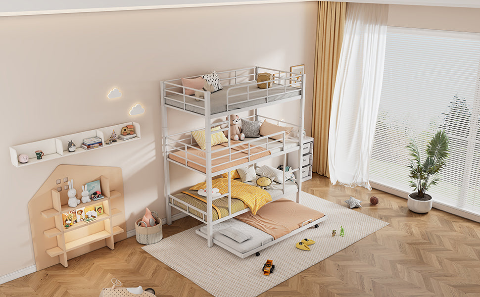 Metal Twin Size Triple Bunk Bed With Trundle, White