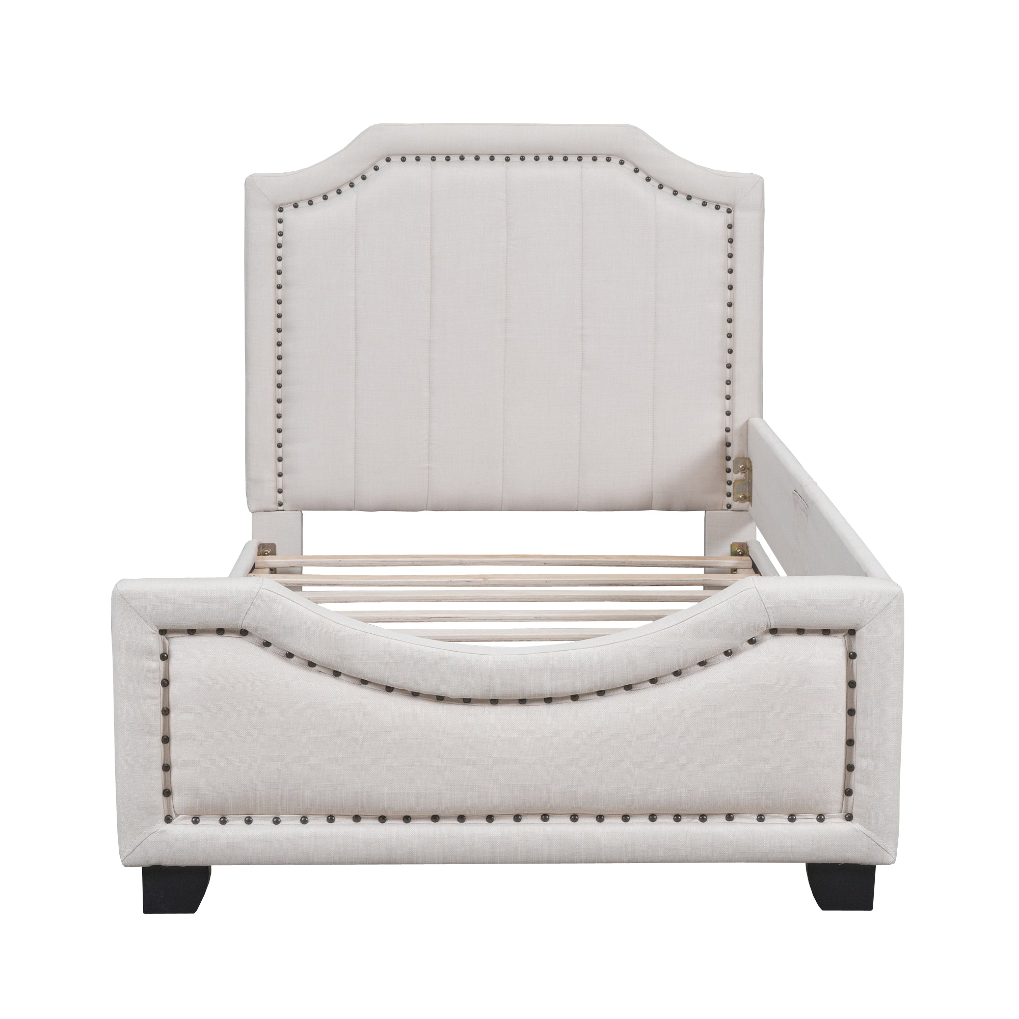 Twin Size Upholstered Platform Bed with Nailhead Trim Decoration and Guardrail, Beige - Atlantic Fine Furniture Melbourne FL