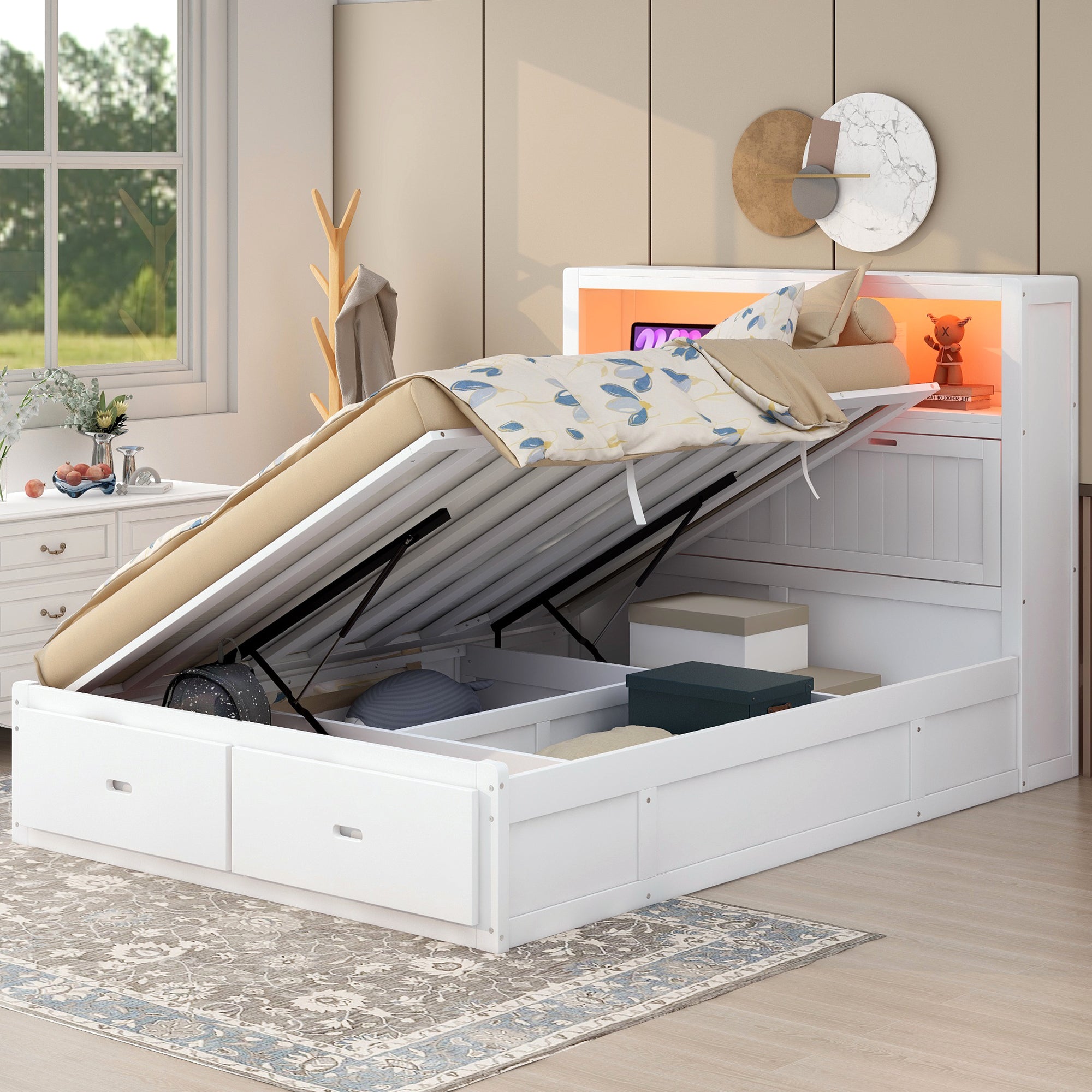 Wood Queen Size Hydraulic Platform Bed with Storage LED Headboard, Charging Station and 2 Drawers, White - Atlantic Fine Furniture Melbourne FL