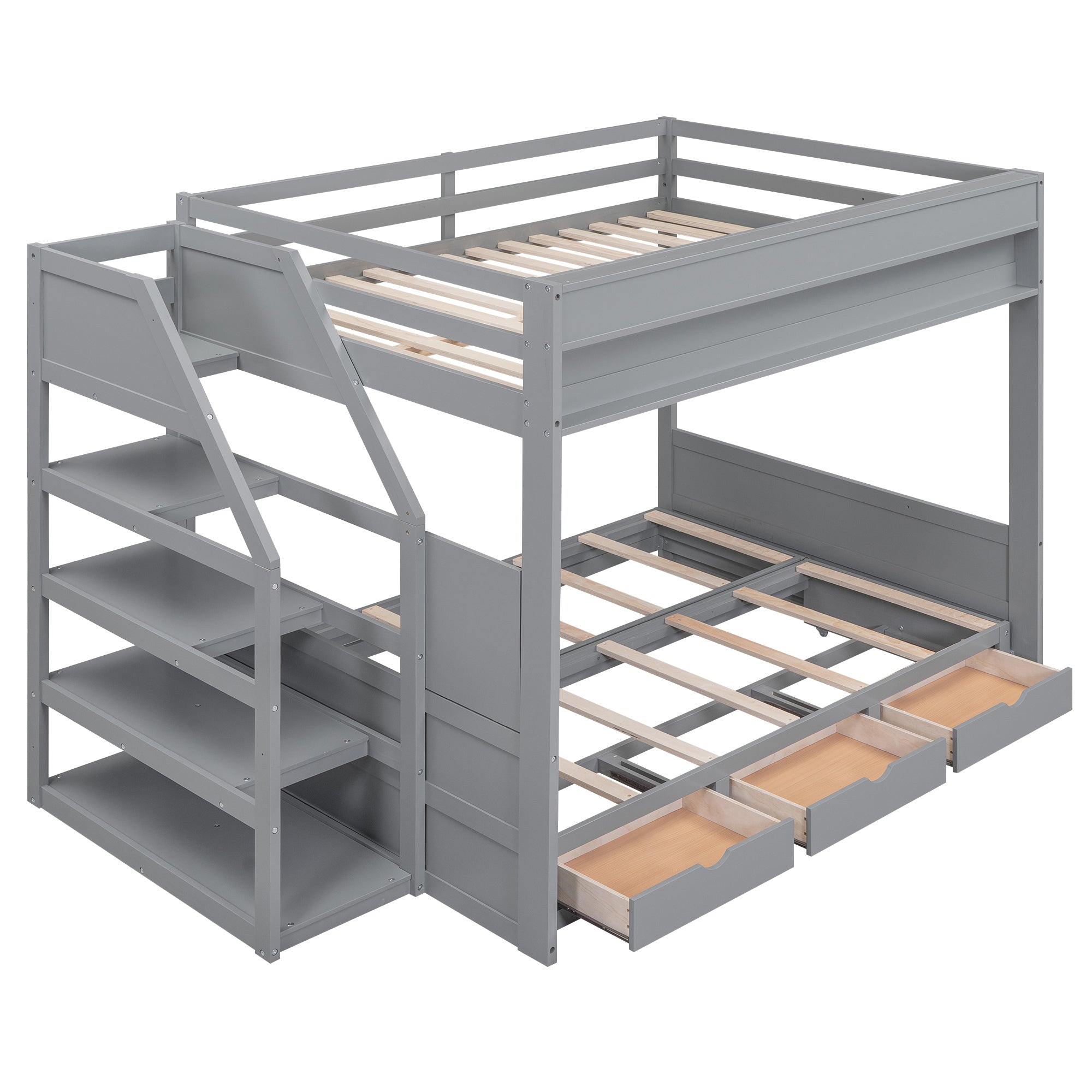 Wood Full Size Convertible Bunk Bed with Storage Staircase, Bedside Table, and 3 Drawers, Gray - Atlantic Fine Furniture Melbourne FL