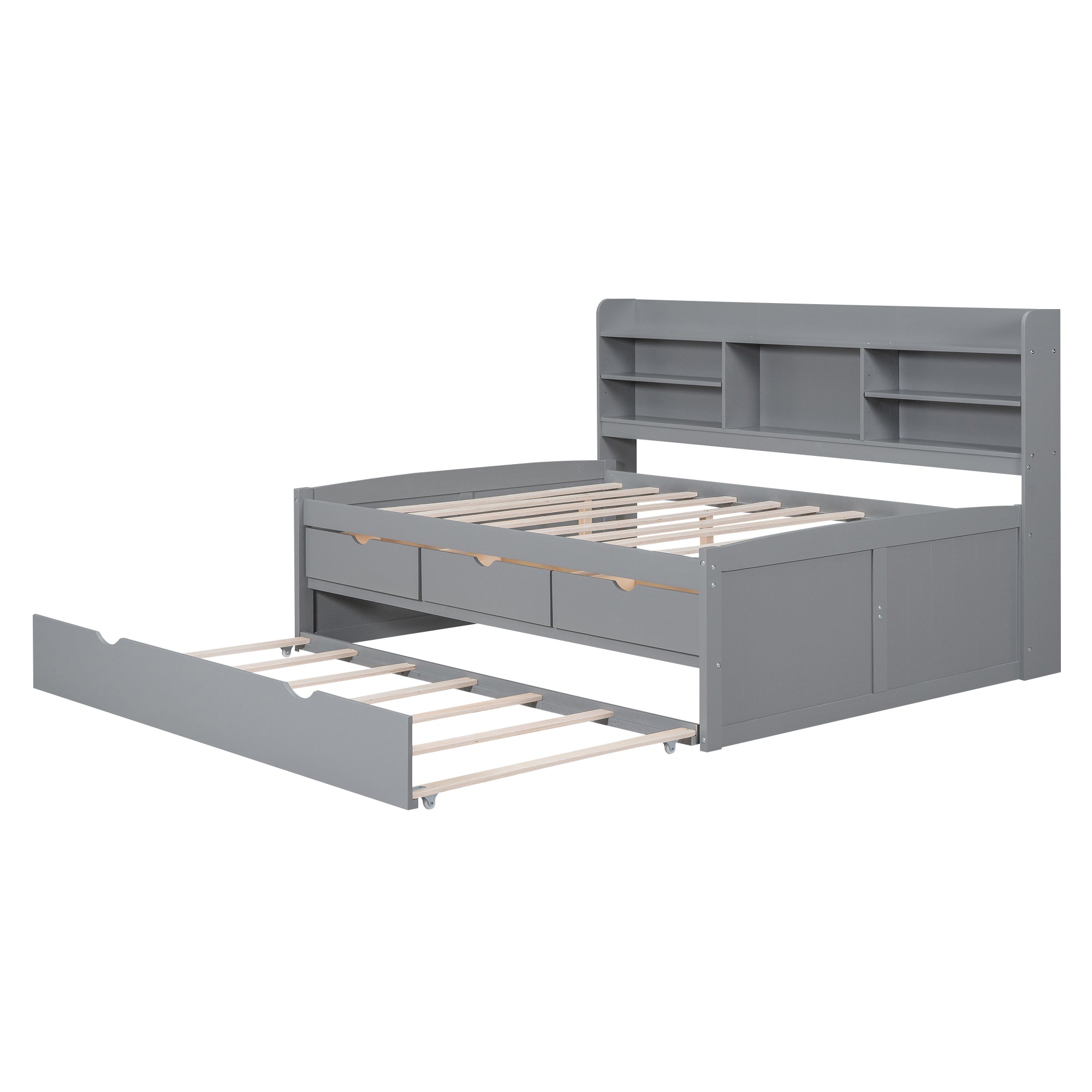 Full Size Wooden Captain Bed with Built-in Bookshelves,Three Storage Drawers and Trundle,Light Grey - Atlantic Fine Furniture Melbourne FL