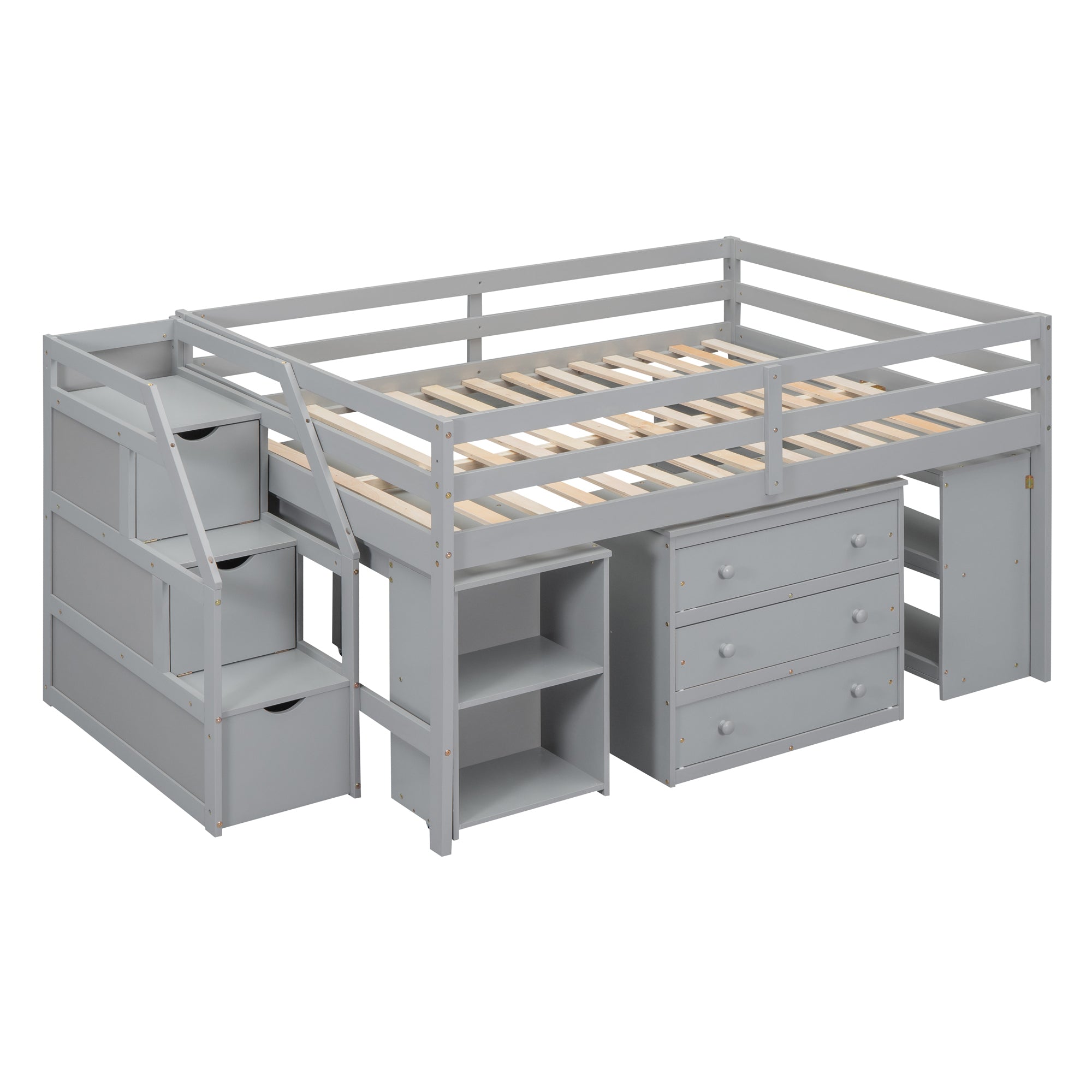 Full Size Loft Bed with Retractable Writing Desk and 3 Drawers, Wooden Loft Bed with Storage Stairs and Shelves, Gray - Atlantic Fine Furniture Melbourne FL