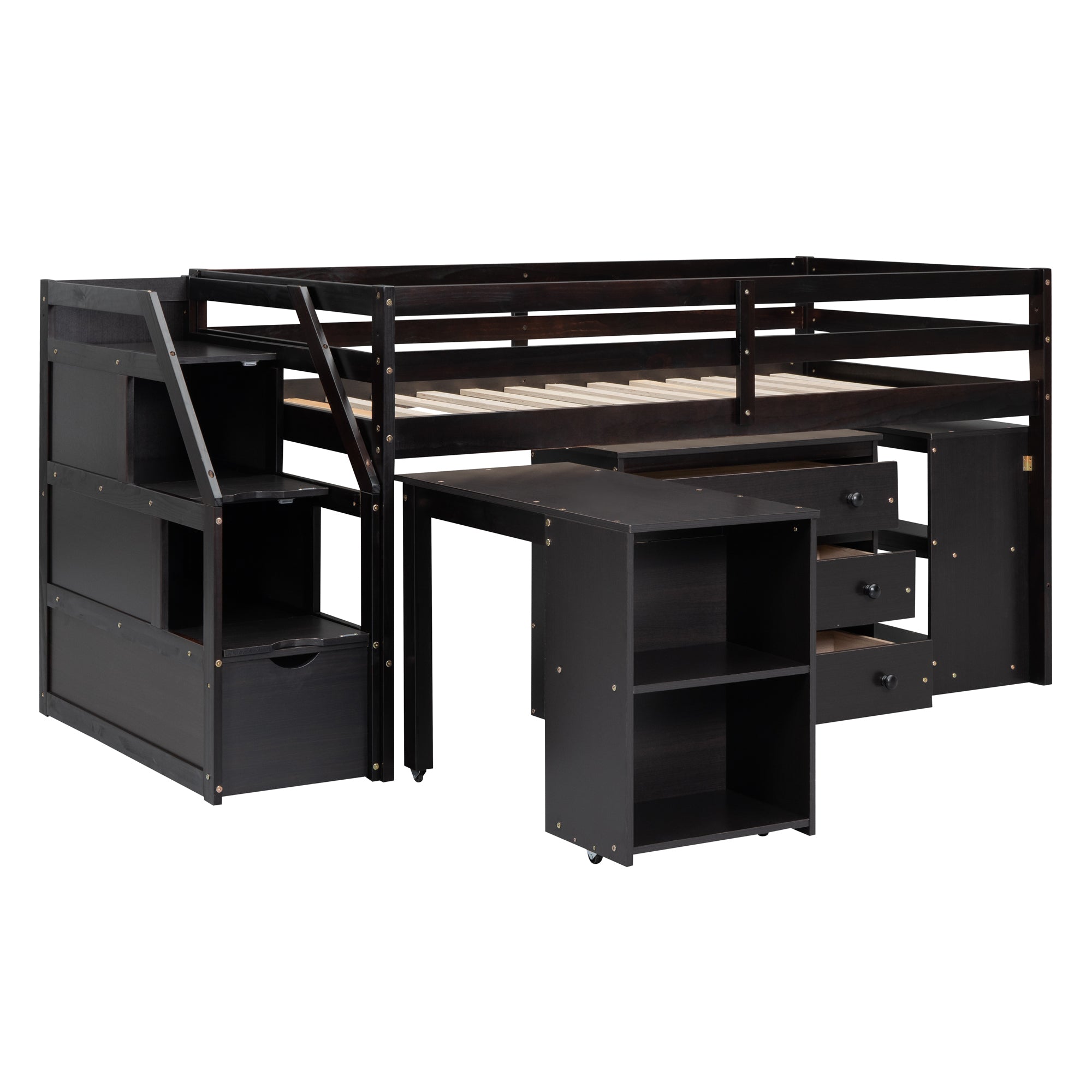 Twin Size Loft Bed with Retractable Writing Desk and 3 Drawers, Wooden Loft Bed with Storage Stairs and Shelves, Espresso - Atlantic Fine Furniture Melbourne FL