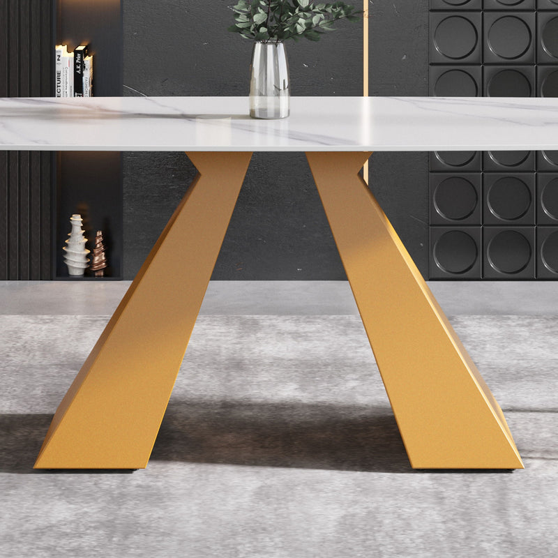 Modern Artificial Stone Curved Metal Leg Dining Table, Can Accommodate 6-8 People - White / Gold