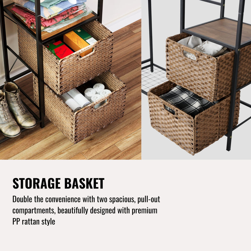 Garment Rack With Shelves, 2 Wicker Drawers, 4 Hooks, Organizer