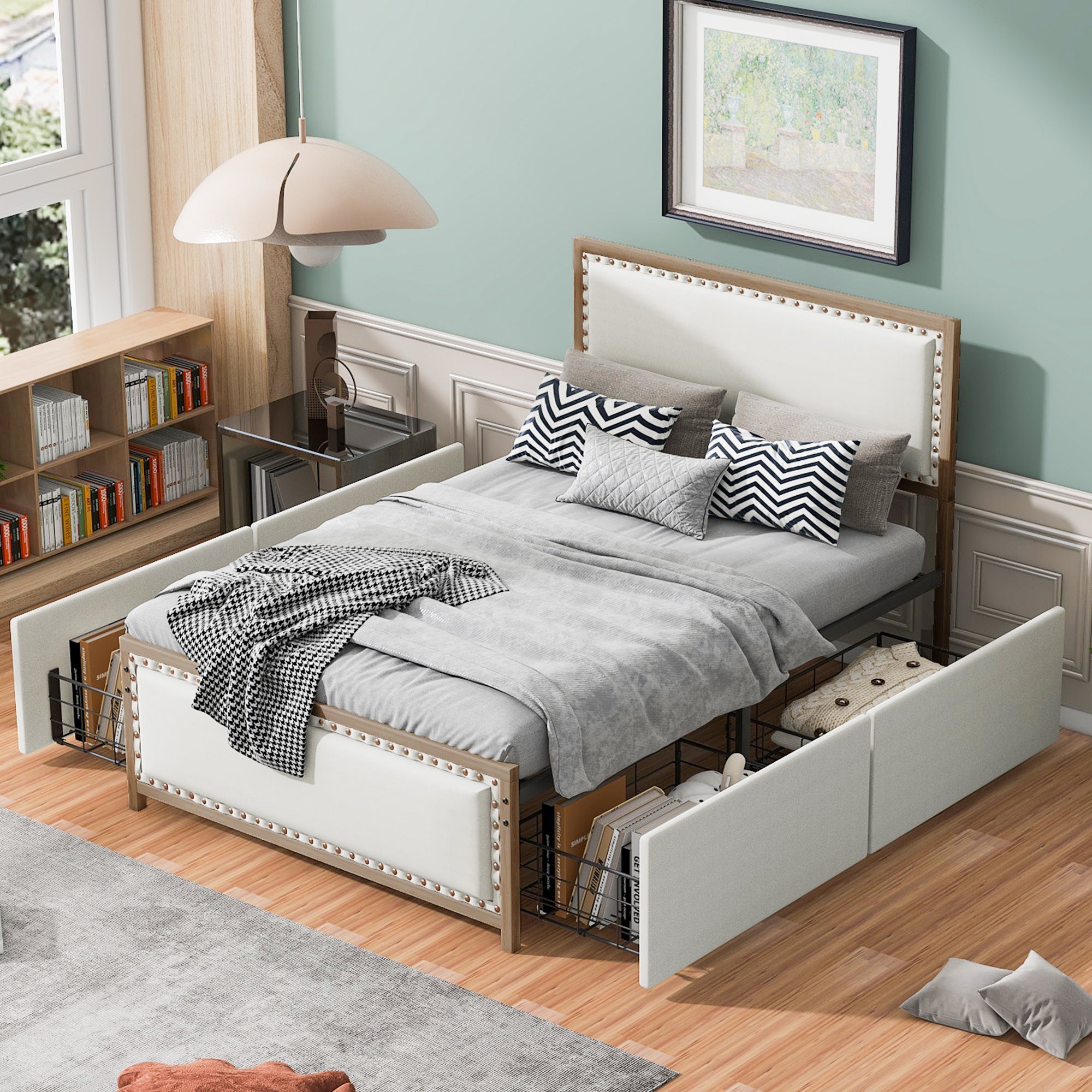 Full Size Upholstered Platform Bed with Nailhead Decoration and 4 Drawers, Brown - Atlantic Fine Furniture Melbourne FL
