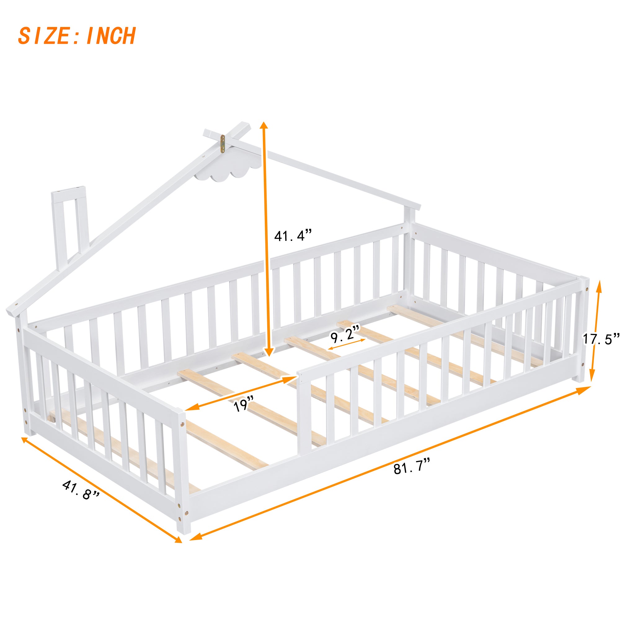 Twin House-Shaped Bedside Floor Bed with Guardrails, Slats, without Door,White