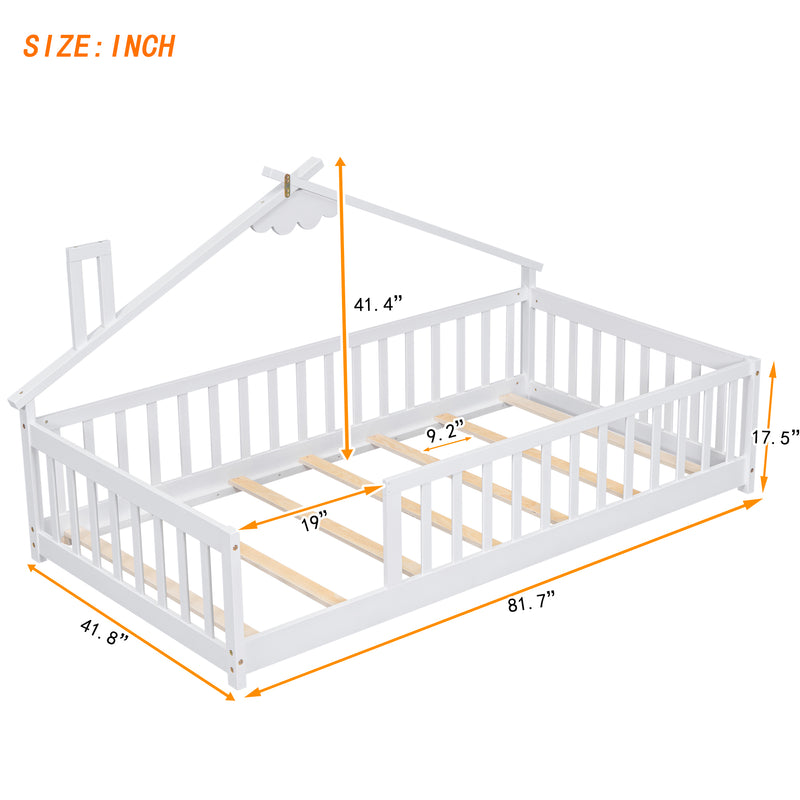 Twin House-Shaped Bedside Floor Bed with Guardrails, Slats, without Door,White