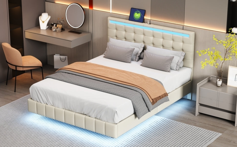 Queen Size Floating Bed Frame with LED Lights and USB Charging,Modern Upholstered Platform LED Bed Frame,Beige - Atlantic Fine Furniture Melbourne FL