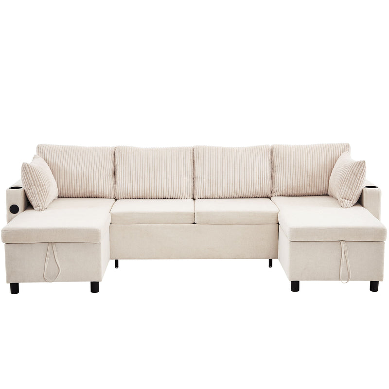 Sectional Sofa Bed With Pull Out Sleeper, USB Ports, Cup Holders