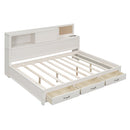 Full Size Wooden Daybed with 3 Storage Drawers, Upper Soft Board, shelf, and a set of Sockets and USB Ports, White