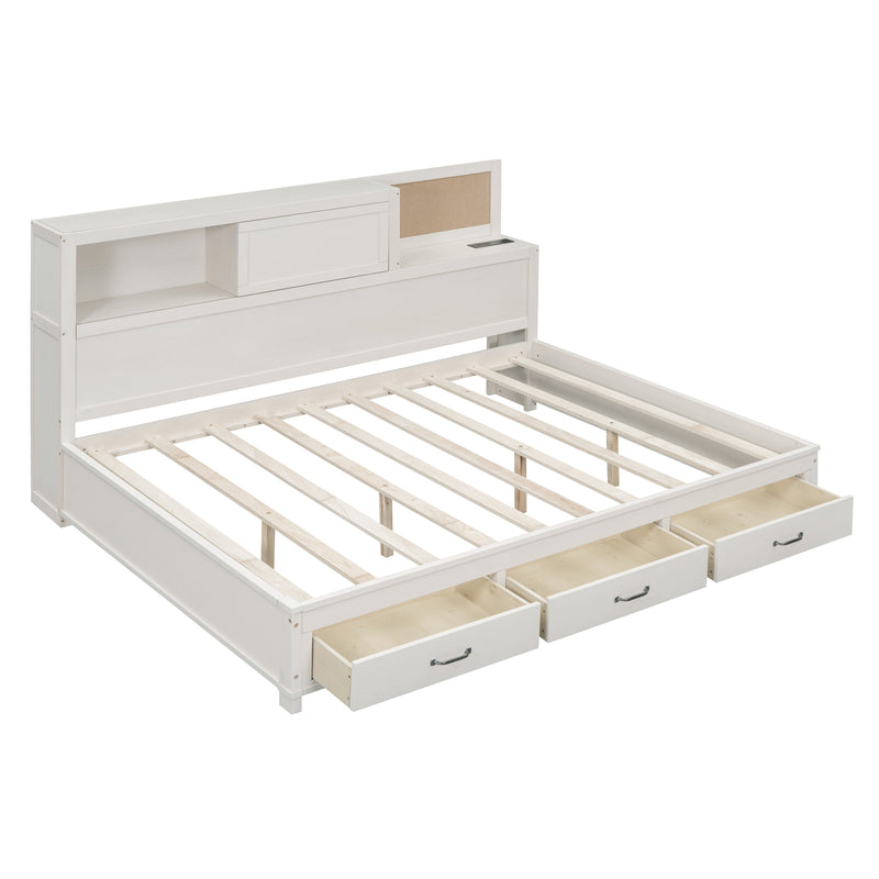 Full Size Wooden Daybed with 3 Storage Drawers, Upper Soft Board, shelf, and a set of Sockets and USB Ports, White