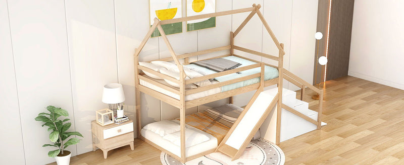 Twin Over Twin House Loft Or Bunk Bed With Slide And Staircase