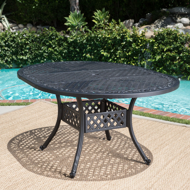 Outdoor Expandable Aluminum Dining Table With Latticework Details And Curvy Legs