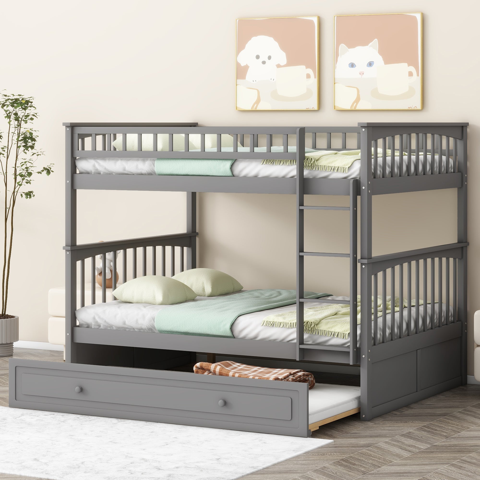 Full over Full Bunk Bed with Twin Size Trundle, Convertible Beds, Gray - Atlantic Fine Furniture Melbourne FL