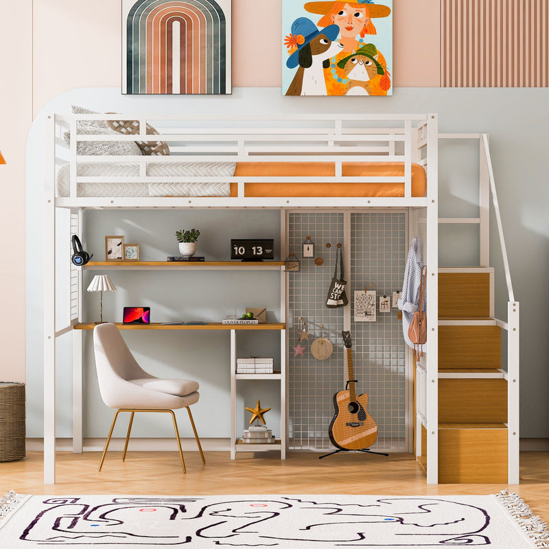 Metal Loft Bed With Wardrobe, Desk, Storage Shelves