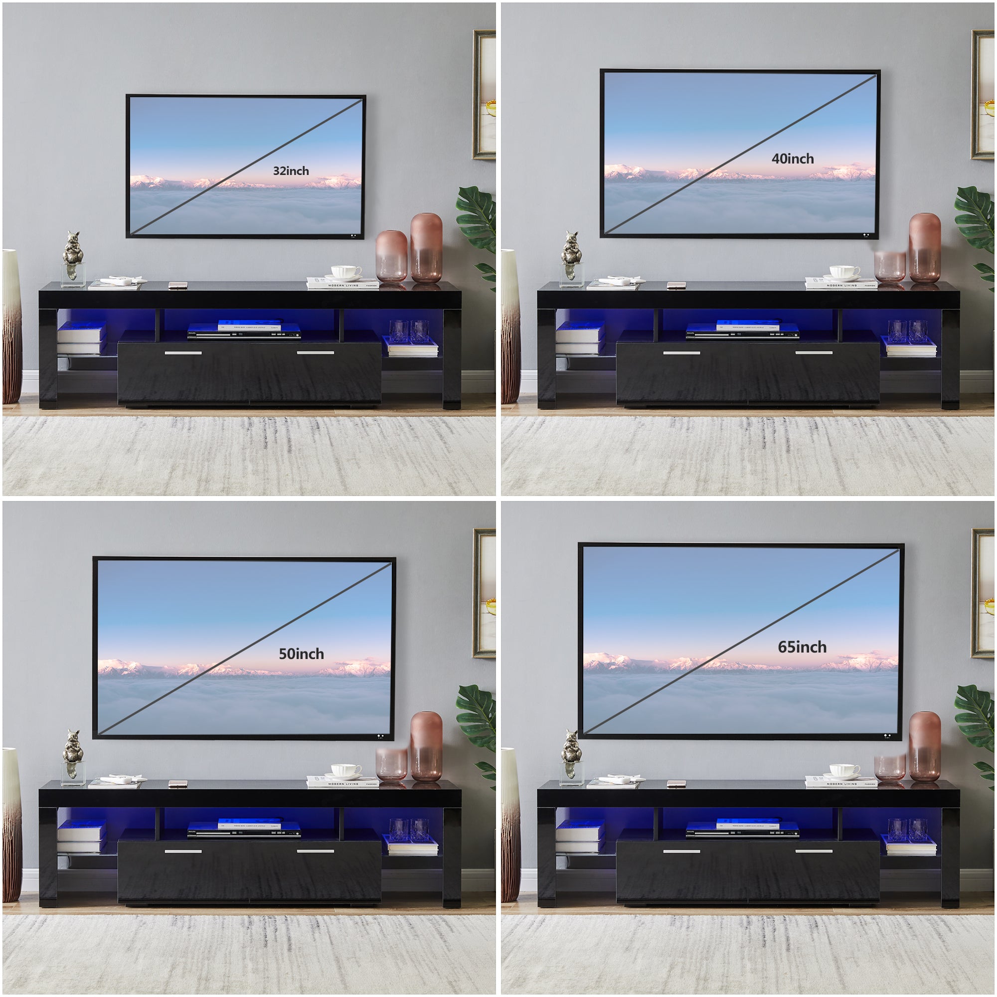 FashionTVstandTVcabinet,EntertainmentCenter,TVstationTV console,media console,with LEDlight belt,light belt remote control,toughenedglassshelf,metal handle,Canbeplaced in the living room,bedroom,black