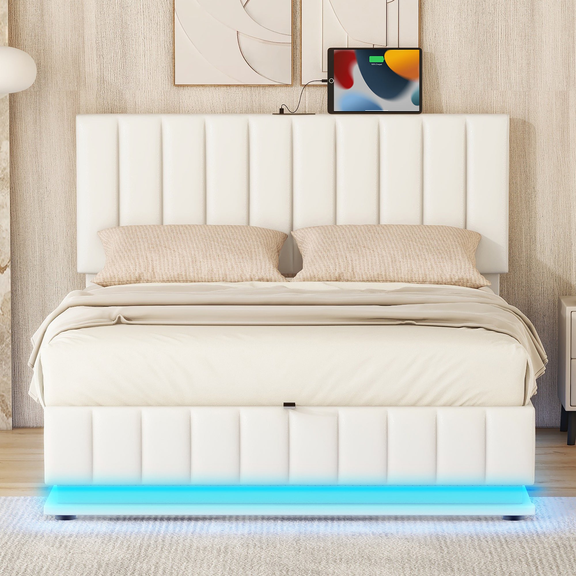 Full Size Upholstered Bed with Hydraulic Storage System and LED Light, Modern Platform Bed with Sockets and USB Ports, White - Atlantic Fine Furniture Melbourne FL