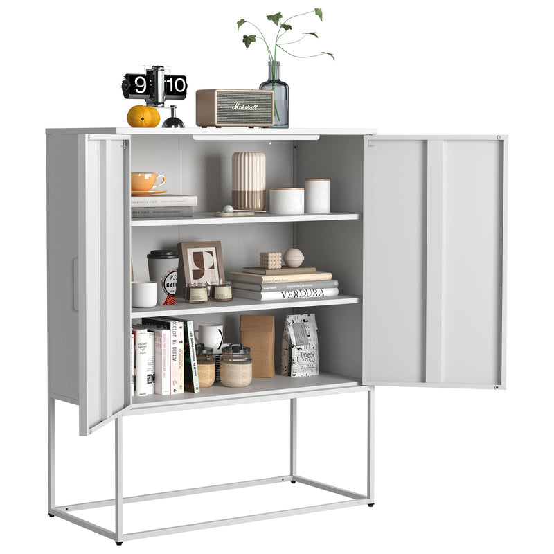 Heavy Duty Metal Buffet Sideboard Modern Steel Storage Cabinet With 2 Shelves, Free Standing Accent Cabinet With Magnetic Doors For Bedroom, Kitchen, And Home Office, Anti-Tip Design